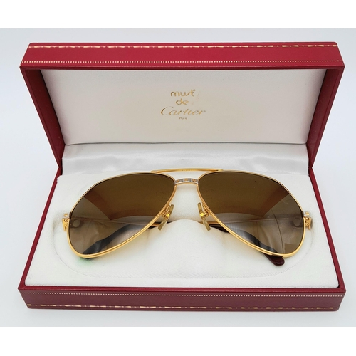 220 - A Pair of Cartier Sunglasses- Santos De Cartier Gold-tone Aviator Sunglasses. In Good Condition. Com... 