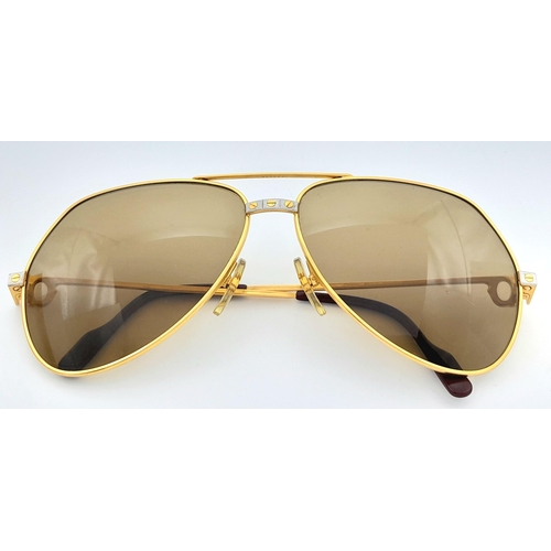 220 - A Pair of Cartier Sunglasses- Santos De Cartier Gold-tone Aviator Sunglasses. In Good Condition. Com... 