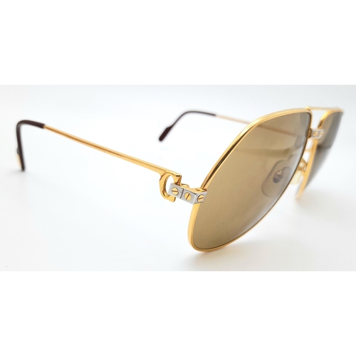 220 - A Pair of Cartier Sunglasses- Santos De Cartier Gold-tone Aviator Sunglasses. In Good Condition. Com... 