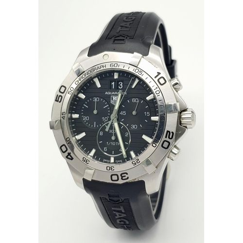 394 - A Tag Heuer Aquaracer Chronograph Quartz Gents Watch. Model - CAF 101E. Black rubber strap. Stainles... 