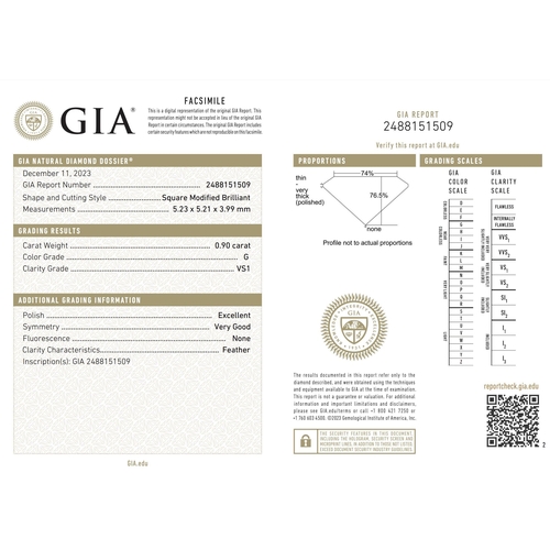 178 - 0.9ct princess cut DIAMOND stone, colour G clarity VS1, comes with GIA certificate.
Measurement 5.23... 