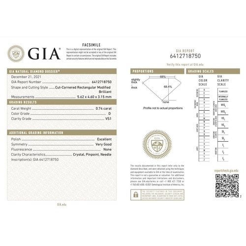 205 - 0.74ct radiant cut DIAMOND stone, colour D, clarity VS1, comes with GIA certificate.
Measurement 5.6... 