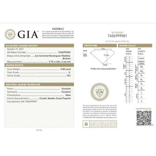 369 - 0.8ct radiant cut DIAMOND stone, colour G, clarity VS1, comes with GIA certificate.
Measurement 5.75... 