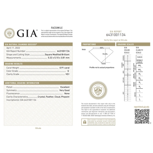 436 - 0.91ct princess cut DIAMOND stone, colour G clarity VS1, comes with GIA certificate.
Measurement 5.2... 