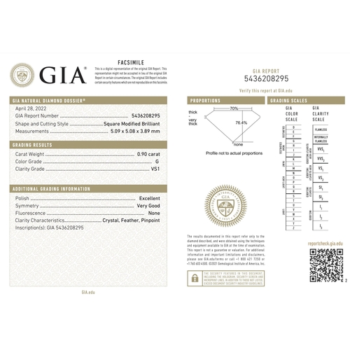 74 - 0.90ct princess cut DIAMOND stone, colour G, clarity VS1, comes with GIA certificate.
Measurement 5.... 