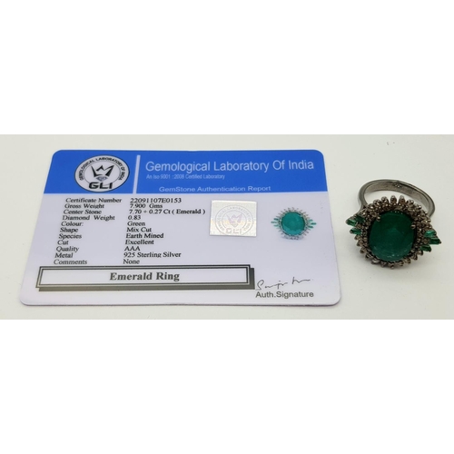 183 - A 7.70ct Emerald Ring with 0.85ctw of Diamond Surround and 0.27ct Emerald Accents. Size O. Comes wit... 