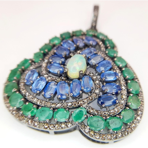 190 - An Opal, Emerald, Kyanite and Diamond Decorative Swirl Pendant - Emerald weight 5.3ctw, Kyanite 5.6c... 