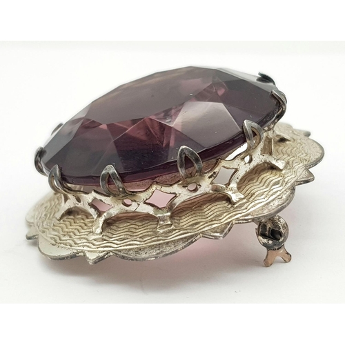 195 - Magnificent Vintage SCOTTISH SILVER BROOCH with enormous Amethyst coloured centre stone. Full hallma... 