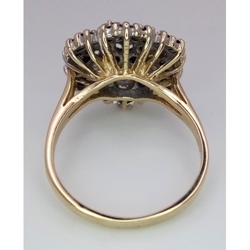 278 - A 9K YELLOW GOLD, DIAMOND & SAPPHIRE FLORAL FORM RING - 5.3G. SIZE Q. REF: SC4001