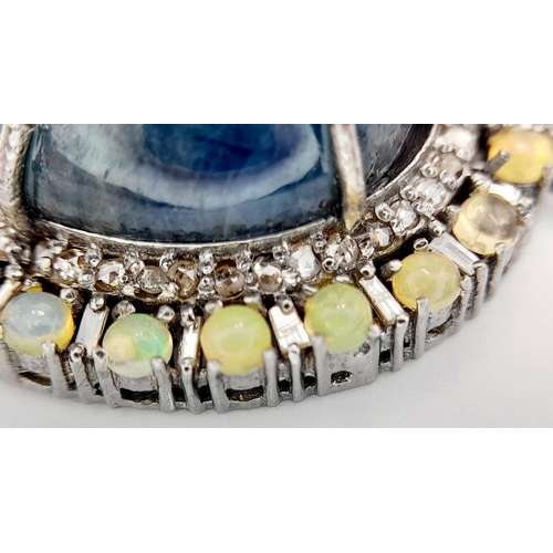 282 - A 22ct Cabochon Sapphire Pendant with a 1.50ctw Opal and 1.50ctw Diamond Surround - Set in 925 Silve... 