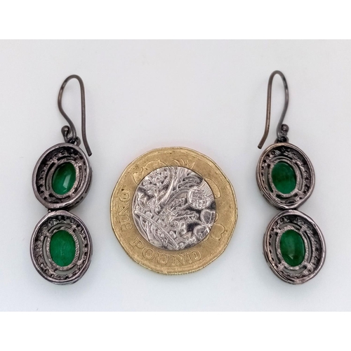 289 - A Pair of Emerald Gemstone Dangler Earrings with Diamond Surrounds - Emeralds - 7ctw and Diamonds 1.... 