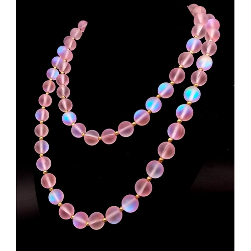 345 - An Enchanting Gleamy Rainbow Moonstone Necklace. Matinee length - 90cm. 10mm beads. Gilded spacers a... 