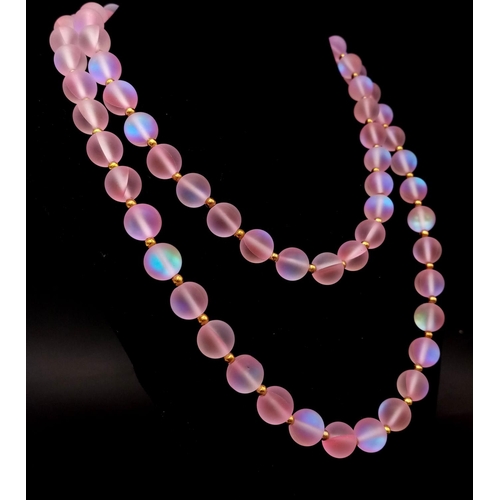 345 - An Enchanting Gleamy Rainbow Moonstone Necklace. Matinee length - 90cm. 10mm beads. Gilded spacers a... 