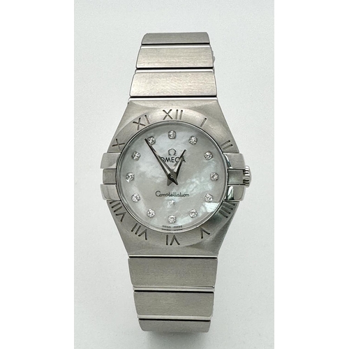 358 - An Omega Constellation Diamond Quartz Ladies Watch. Stainless steel bracelet and case - 28mm. Mother... 