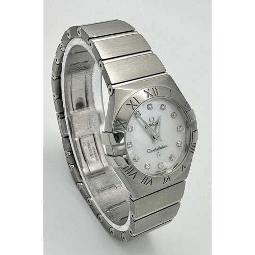 358 - An Omega Constellation Diamond Quartz Ladies Watch. Stainless steel bracelet and case - 28mm. Mother... 