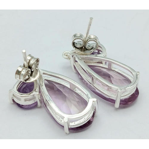 499 - A Pair of Amethyst Gemstone Teardrop Earrings. Set in 925 Silver. 4cm drop. CD-1391