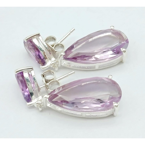 499 - A Pair of Amethyst Gemstone Teardrop Earrings. Set in 925 Silver. 4cm drop. CD-1391