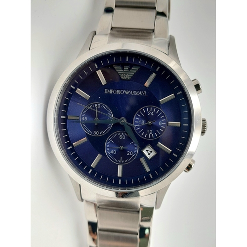 513 - An Emporio Armani Quartz Gents Watch. Stainless steel bracelet and case - 43mm. Blue dial with three... 