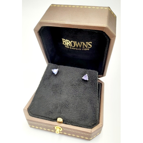 526 - A Pair of Designer 'Browns' 9K Gold and Blue Sapphire Trillion Cut Stud Earrings. 1.2g. Come with a ... 