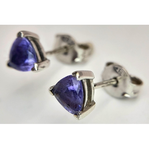 526 - A Pair of Designer 'Browns' 9K Gold and Blue Sapphire Trillion Cut Stud Earrings. 1.2g. Come with a ... 