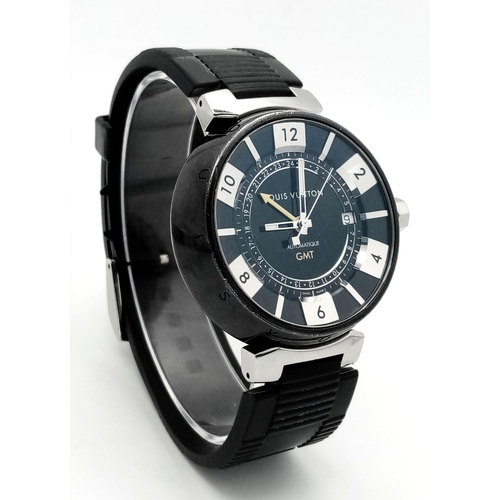 542 - A Stylish Louis Vuitton GMT Automatic Gents Watch. Black rubber strap. Black stainless steel case - ... 