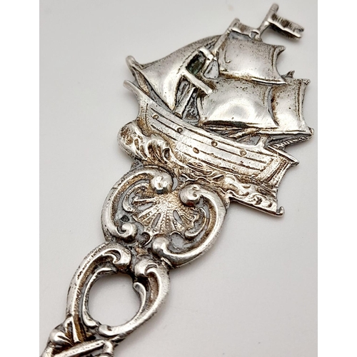 1699 - A SILVER FOB SPOON WITH GALLEON HANDLE .     20gms