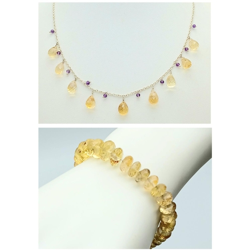 519 - A 135ctw Citrine Gemstone Bracelet and Citrine Necklace, 925 Silver clasp and Necklace. 18cm and 42c... 