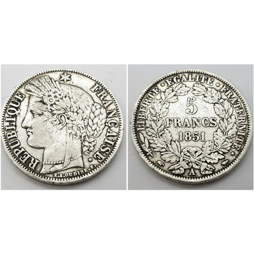 574 - 1851 FRENCH REPUBLIC 5 FRANC SILVER COIN. A large SILVER coin in extra fine condition. Complete with... 