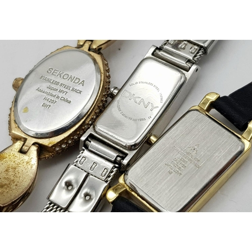 478 - Three Different Style Quartz Ladies Dress Watches. DKNY rectangular, Seksy stone set and an Accurist... 