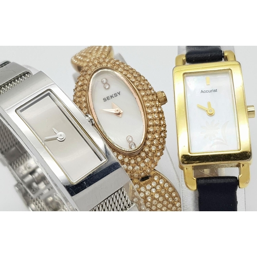 478 - Three Different Style Quartz Ladies Dress Watches. DKNY rectangular, Seksy stone set and an Accurist... 