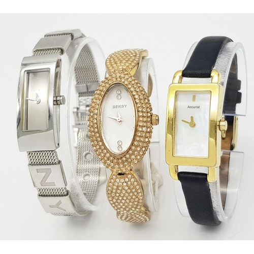 478 - Three Different Style Quartz Ladies Dress Watches. DKNY rectangular, Seksy stone set and an Accurist... 