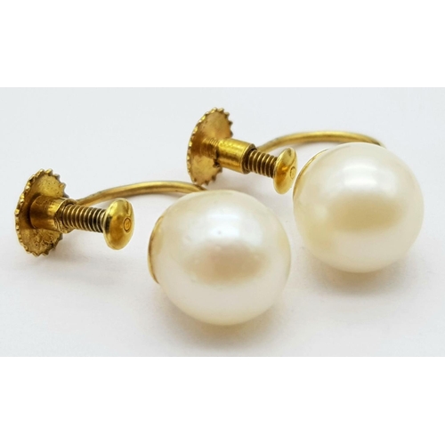 1172 - An Excellent Condition Pair of Vintage 9 Carat Yellow Gold Pearl, Screw Back, Earrings. Set with 8mm... 