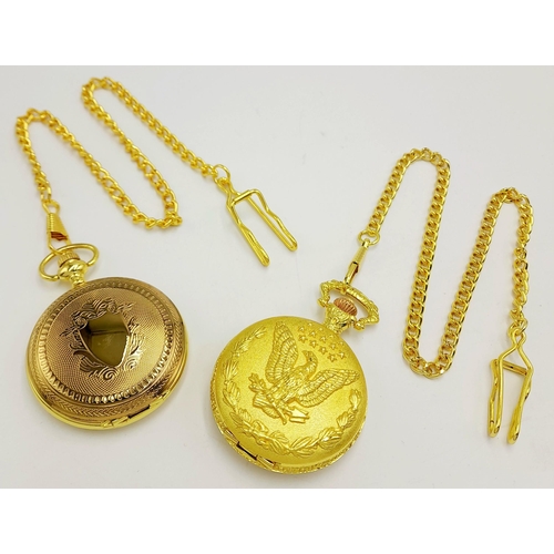 1095 - Two Gold Tone Quartz Pocket Watches by Von Hattenberg, both with Albert Chains. 48mm Cases. New Batt... 