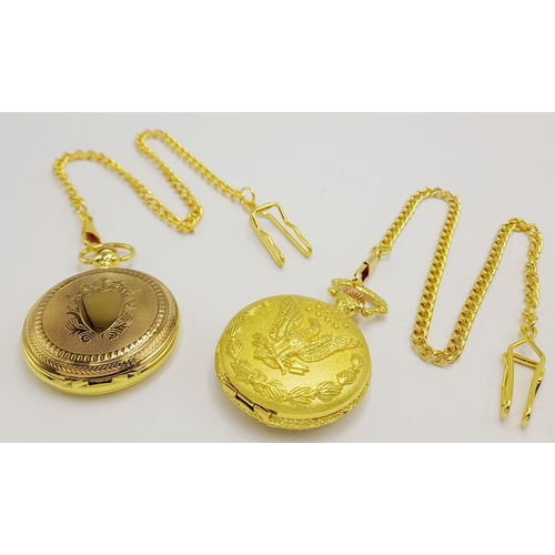 1095 - Two Gold Tone Quartz Pocket Watches by Von Hattenberg, both with Albert Chains. 48mm Cases. New Batt... 