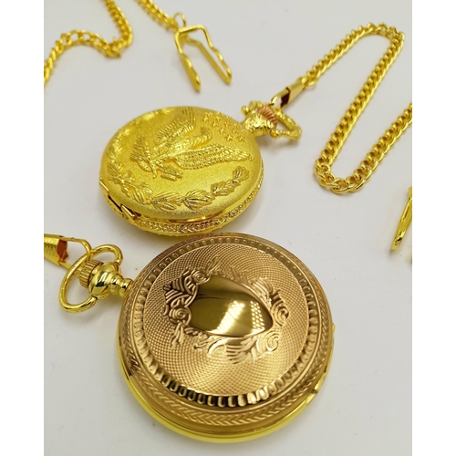 1095 - Two Gold Tone Quartz Pocket Watches by Von Hattenberg, both with Albert Chains. 48mm Cases. New Batt... 