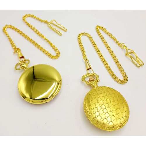 1095 - Two Gold Tone Quartz Pocket Watches by Von Hattenberg, both with Albert Chains. 48mm Cases. New Batt... 