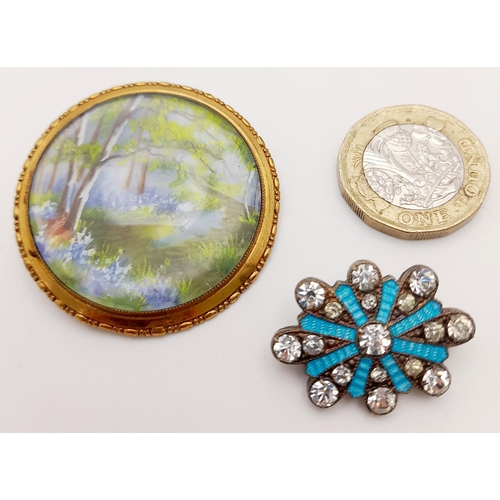 922 - A Parcel of Brooches Comprising; 1) A Hand Painted, Gold Plated, Lucite Brooch with Country Scene, 4... 