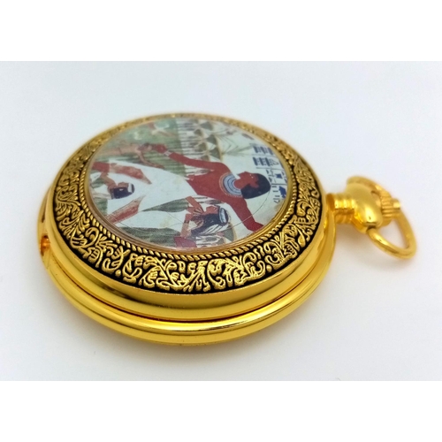 1081 - Gold- Plated Quartz Pocket Watch with Egyptian Pharaoh Image. 50mm Case Size, in its original presen... 