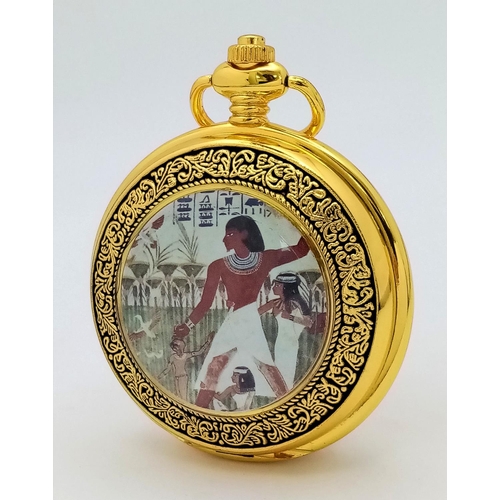 1081 - Gold- Plated Quartz Pocket Watch with Egyptian Pharaoh Image. 50mm Case Size, in its original presen... 