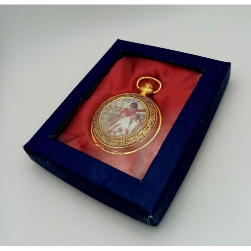 1081 - Gold- Plated Quartz Pocket Watch with Egyptian Pharaoh Image. 50mm Case Size, in its original presen... 