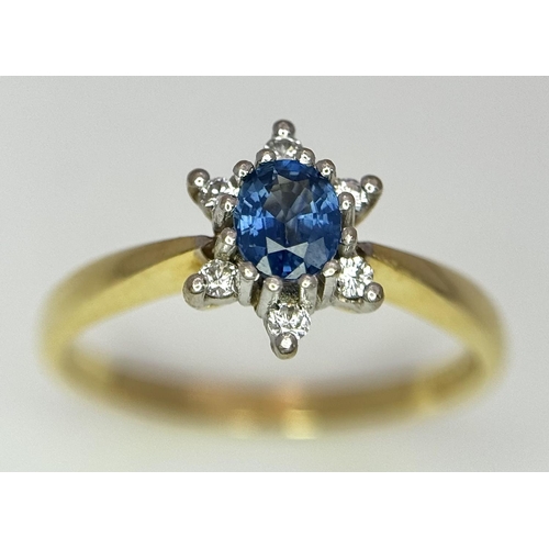 116 - AN 18K YELLOW GOLD DIAMOND & SAPPHIRE CLUSTER RING - 3.2G.  SIZE O 1/2. REF: A/S 1094