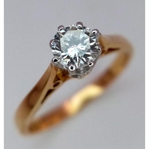 123 - AN 18K YELLOW GOLD DIAMOND SOLITAIRE RING - 0.50CT ROUND BRILIANT CUT. 2.6G. SIZE L. REF: A/S 1096