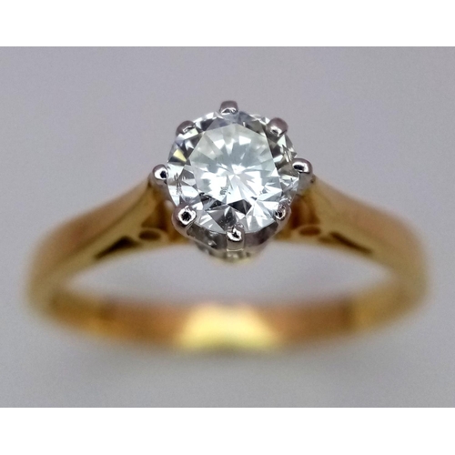 123 - AN 18K YELLOW GOLD DIAMOND SOLITAIRE RING - 0.50CT ROUND BRILIANT CUT. 2.6G. SIZE L. REF: A/S 1096