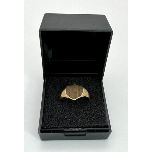 126 - Vintage 9 CARAT GOLD SHIELD SIGNET RING.  Bold Crest design. Full UK Hallmark. No engraving .Size R ... 