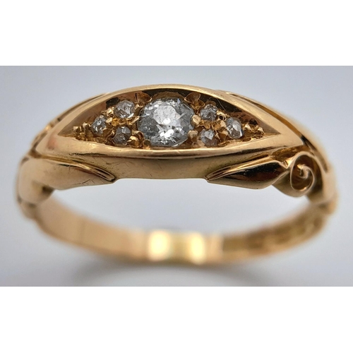 144 - AN 18K YELLOW GOLD VINTAGE DIAMOND 7 STONE RING - 0.15CT. 4.2G. SIZE S. REF: A/S 1095