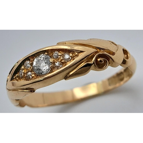 144 - AN 18K YELLOW GOLD VINTAGE DIAMOND 7 STONE RING - 0.15CT. 4.2G. SIZE S. REF: A/S 1095