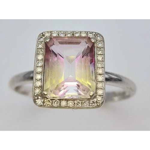 154 - Stunning 9 carat WHITE GOLD, AMETHYST and DIAMOND RING. Consisting an Emerald Cut ‘Rose De France’ A... 