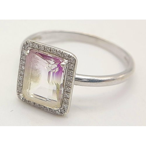 154 - Stunning 9 carat WHITE GOLD, AMETHYST and DIAMOND RING. Consisting an Emerald Cut ‘Rose De France’ A... 