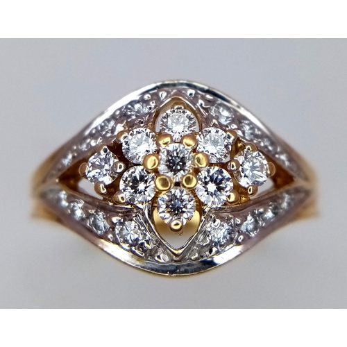 179 - A 18K YELLOW GOLD FANCY DIAMOND CLUSTER RING. 0.35CT. 4.25G IN WEIGHT. SIZE M AND 1/2. Ref: SC 5042.