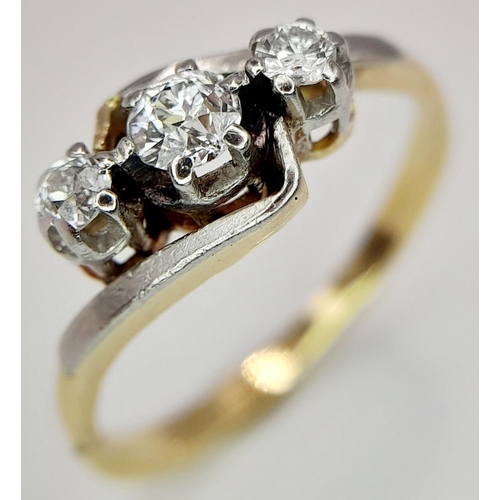 193 - A 18K YELLOW GOLD & PLATINUM VINTAGE OLD CUT DIAMOND 3 STONE RING. 0.25CT. 2.96G IN WEIGHT. SIZE L. ... 